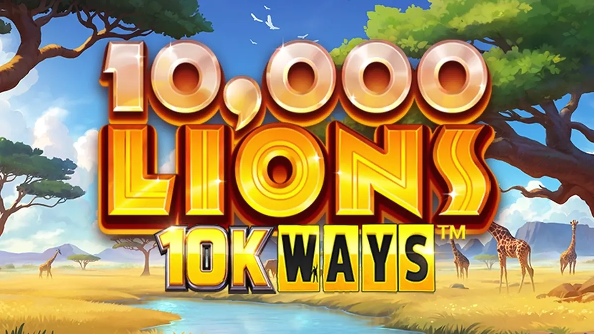 Cena vibrante da savana com leões no slot 10,000 Lions 10K Ways