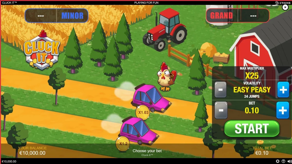 Cenário rural vibrante do jogo Cluck It com uma galinha em destaque
