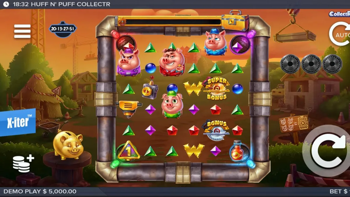 Interface vibrante do slot Huff n Puff CollectR com porquinhos e elementos de construção