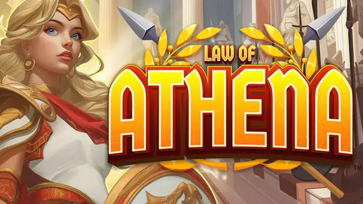 Cena atmosférica de Law of Athena com símbolos gregos e a deusa Athena